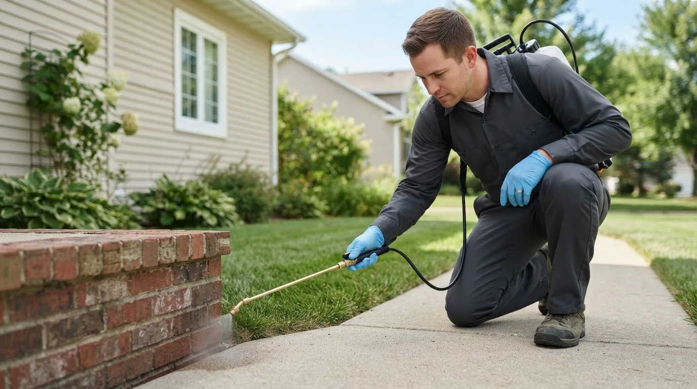 Pest control technician treating a home near Deport, TX